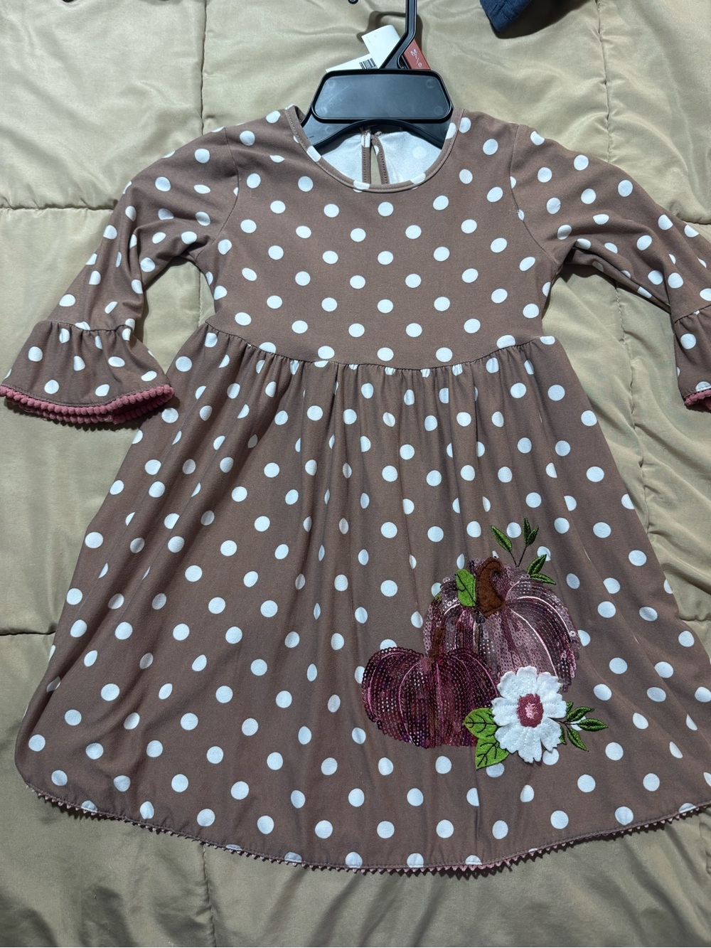 Girls Rare Editions Polka Dot Brown Pumpkin Appliqué Dress